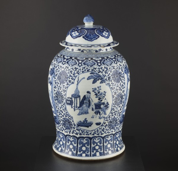 Pot with cover; maker, resource pots; blue-and-white porcelain; Chinese; plant motifs and mountain