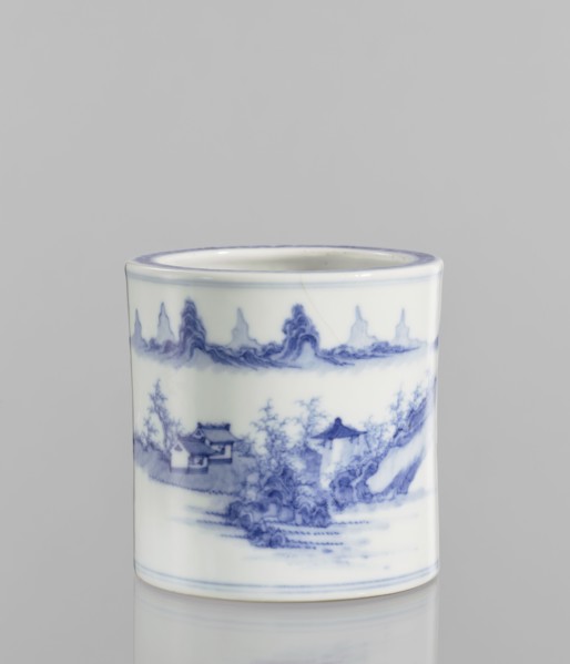 Brush vessel, ceramics, blue and white porcelain, Chinese, 18th century, China; landscape motifs;