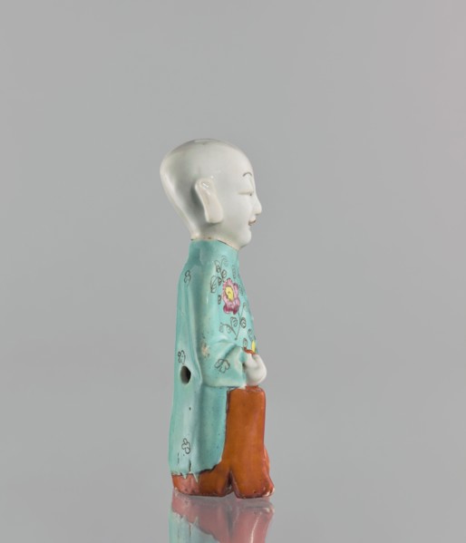 Boy with ruyi — incense burner, Chinese, 19th century, colored porcelain, Ming style, ruyi scepter