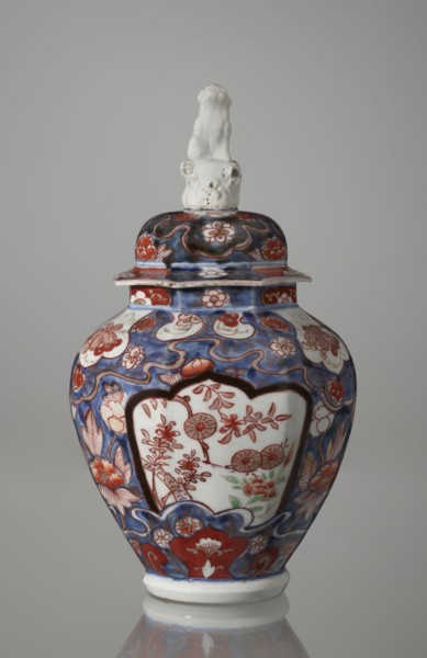 Vase with cover, Japanese ceramics imari, 18th century Edo period, Japan. Portrays flowers, tree,