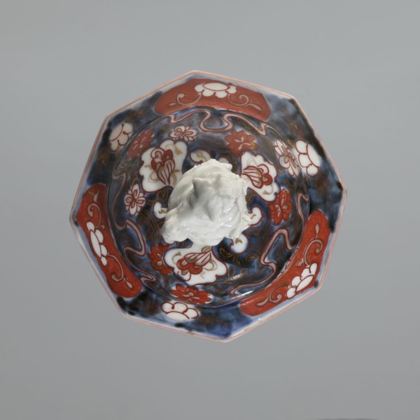 Vase with cover, Japanese, imari porcelain decorated with flowers, tree, bamboos, peonies, and