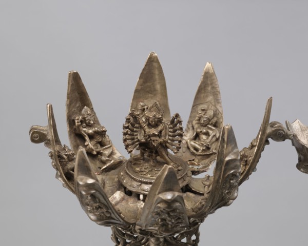 Lotus flower with Buddhist deities, 19th century, Nepal; bronze/lotus mandala depicting Hevajra and