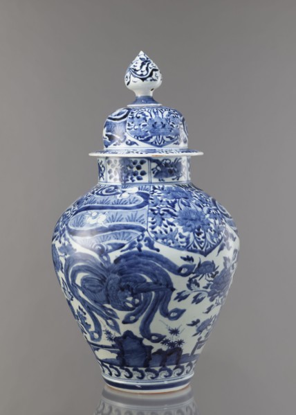 Vase with cover, Japanese, Edo period Genroku–Kyoho, ca. 1690–1730, Arita porcelain, blue-and-white
