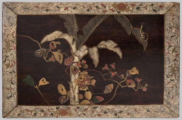 Panel, Japanese art, Japanese culture, snails, leaves, peonies, plant motifs, banana trees, Meiji