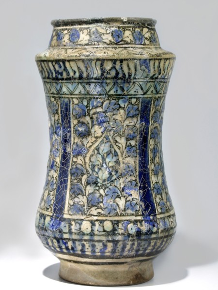 Albarello, 14th century Iran, Persian, Islamic art. Ceramic albarello vessel with floral/plant