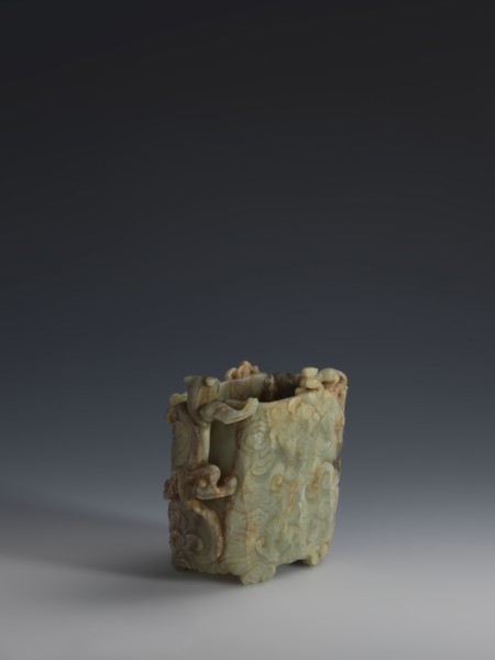 Vessel., Chinese, Qing dynasty 1644–1911, early 18th century. Gray-green jade, hollowed; bas-relief