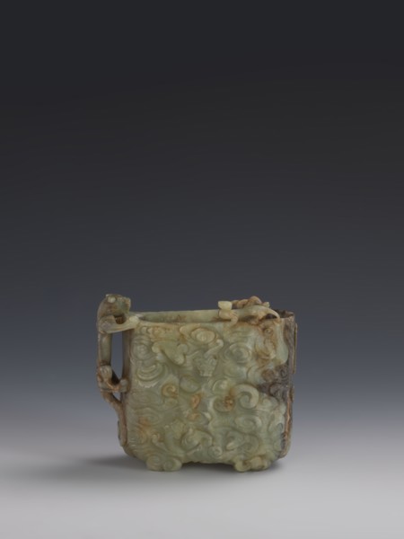 Vessel., Chinese; Qing dynasty 1644–1911. Early 18th century. Gray-green jade, hollowed; bas-relief