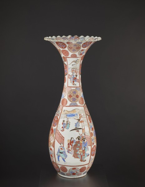 Vase, Arita, Japan; colored porcelain vessel decorated with dragons, figurative scenes, geometric