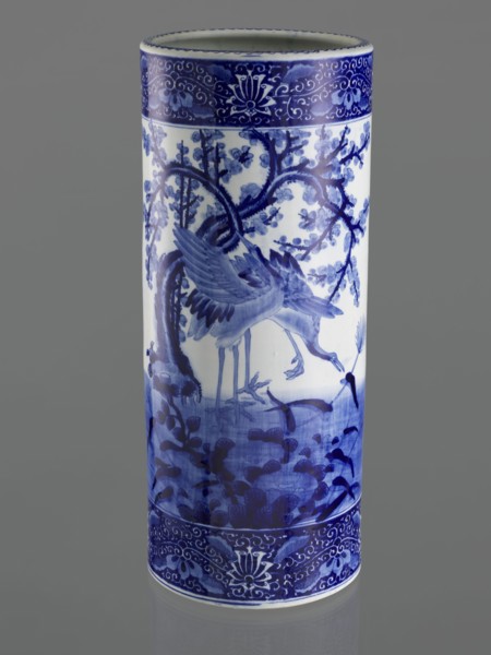 Umbrella vase, ceramics, herons iconography, plum trees, Japanese art, decorative vessel, Meiji