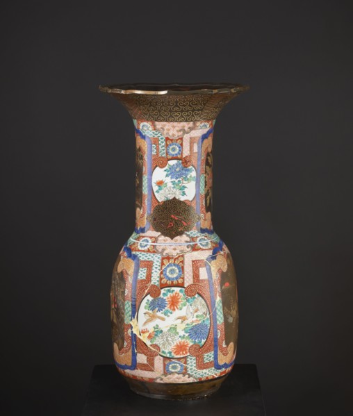 Vase, Japanese art; Japanese culture. Subject: birds and pines. Materials/technique: colored