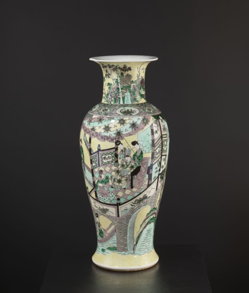 Vase, park scenes with architecture, enamel paints, Chinese art, Chinese culture, ceramics,