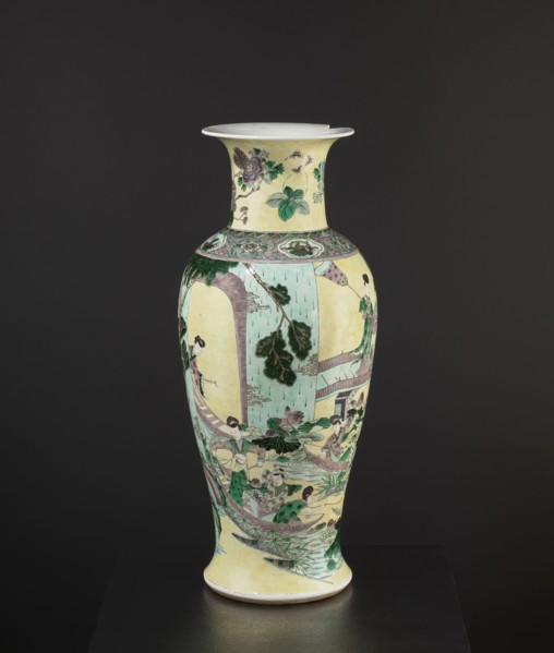 Vase by, enamel-painted park scenes with architecture, Chinese ceramics decorative vessel, signed,