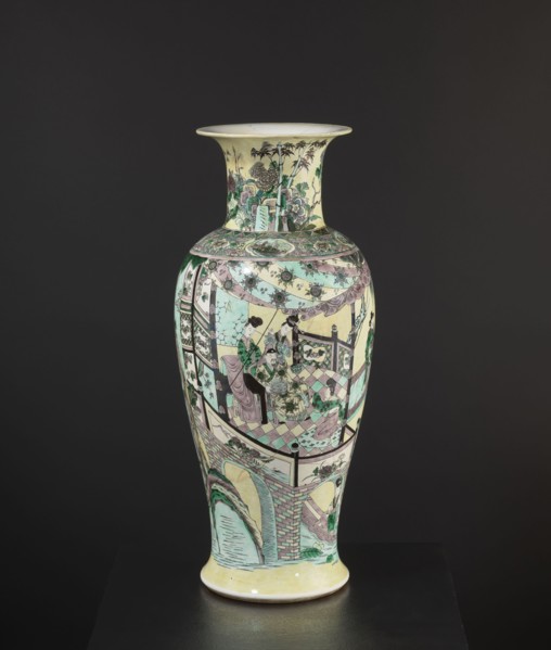 Vase, park scenes with architecture, enamel paints, Chinese art, Chinese culture, ceramics,