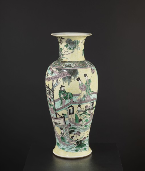 Vase, park scenes with architecture, enamel paints, Chinese art, Chinese culture, ceramics,