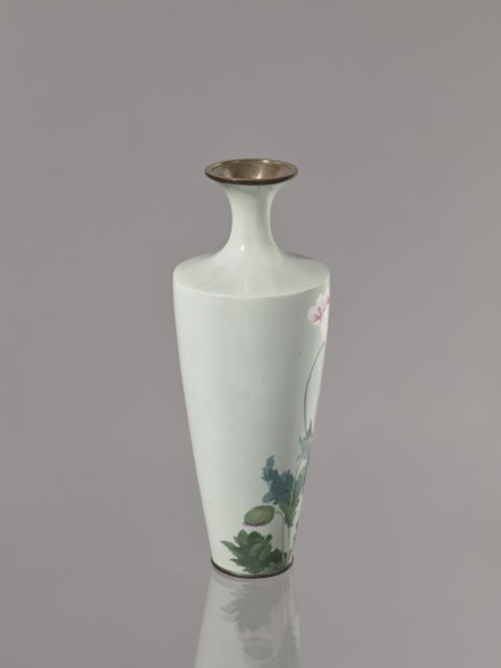 Vase, cloisonné enamel; symmetrical decoration of blooming poppies on a grey-blue background;