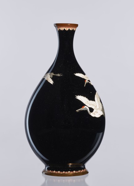 Vase, Meiji period 1868–1912, Nagoya, Japan; cloisonné enamel vessel decorated with birds/cranes;