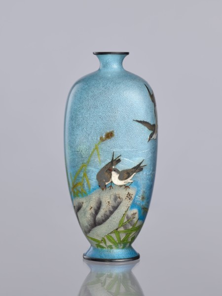 Vase, Tomiki, Shôbei fl. ca. 19th/20th century craftsman, chidori plovers, reeds, waves; cloisonné