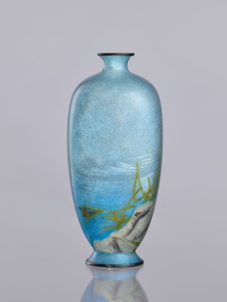 Vase, Tomiki, Shôbei fl. ca. 19th/20th century, chidori plovers, reeds, waves; cloisonné enamel;