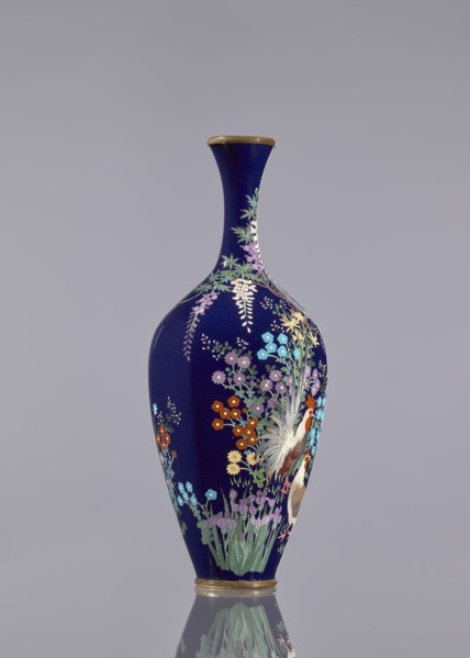 Vase, cloisonné enamel, wisteria, hens, flowers, roosters iconography, Japanese art, vases,