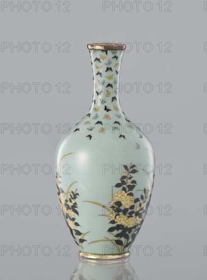 Vase with a thin, very slightly flared neck decorated with flowers and butterflies in cloisonné