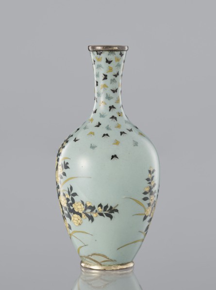 Vase, Cloisonné enamel with flowers and butterflies on a pale blue-gray background. Meiji–Taisho