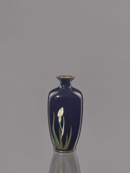Vase, Ovoid cloisonné enamel vase with a short, thin, flared neck; dark blue background decorated