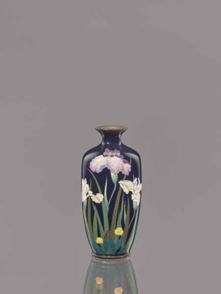 Vase, Ovoid vase with a short, thin, flared neck. Cloisonné enamel with a dark blue background and