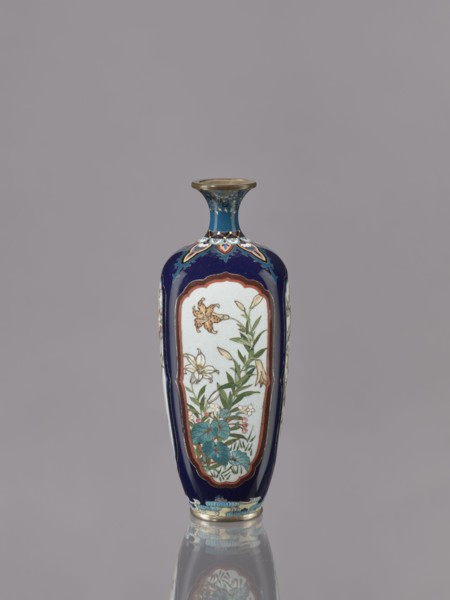 Vase, gift, revindication noted. Ovoid, elongated cloisonné enamel vase with a short, thin,