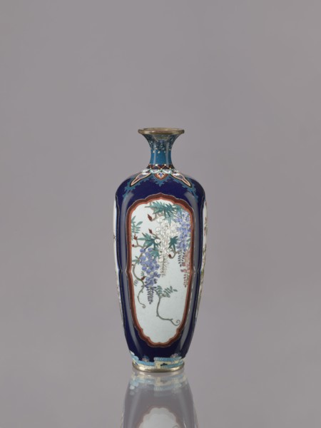 Vase, Ovoid, elongated cloisonné enamel vase with a short, thin, strongly flared neck. Decoration: