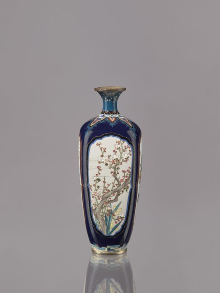 Vase, Ovoid elongated cloisonné enamel vase with a short, thin, strongly flared neck. Decoration: