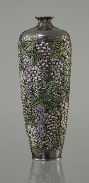 Vase, Hiratsuka, Mohei 1836-? author. A slender ovoid, double-walled bottle on a very low ring foot