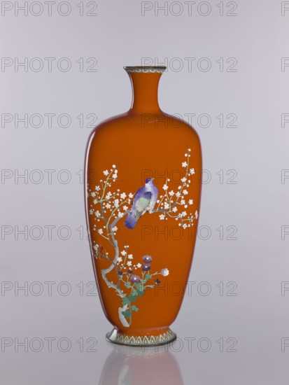 Vase, cloisonné enamel; decorated with chrysanthemums, cherries, and birds; Meiji–Taisho period, ca