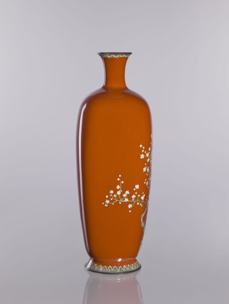 Vase, cloisonné enamel vessel depicting chrysanthemums, cherries, and birds; Japanese, Meiji–Taisho