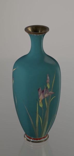 Vase, cloisonné enamel, ovoid vase one of a pair, slender, on a low ring-shaped foot and a narrow