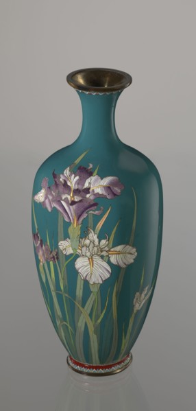 Vase, repossession Krakow, irises, flowers iconography, Meiji 1868–1912, Japanese art, cloisonné