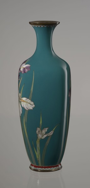 Vase, cloisonné enamel, ovoid vase one of a pair, slender, on a low ring-shaped foot and with a