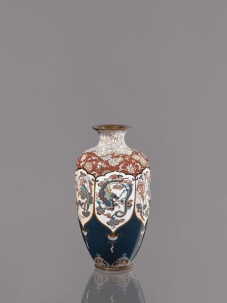 Vase, Cloisonné enamel vase on a small, ring-shaped foot, with a short neck ending in a spout