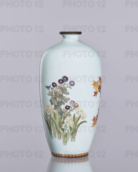 Vase, chrysanthemum and maple decoration in cloisonné enamel, ovoid elongated vase with narrow
