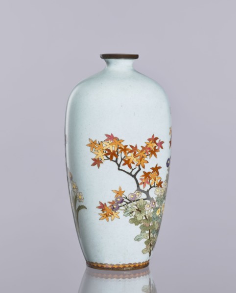 Vase, cloisonné enamel; chrysanthemums and maples plant ornament; decorative ovoid vase, elongated