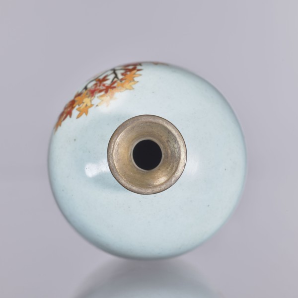 Vase, cloisonné enamel, chrysanthemums and maples, plant ornament; ovoid elongated vase with narrow