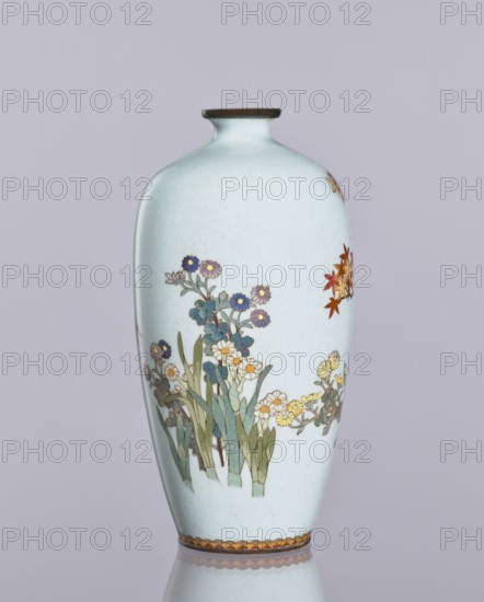 Vase, cloisonné enamel; ovoid vase, elongated with a narrow spout; chrysanthemums and maples