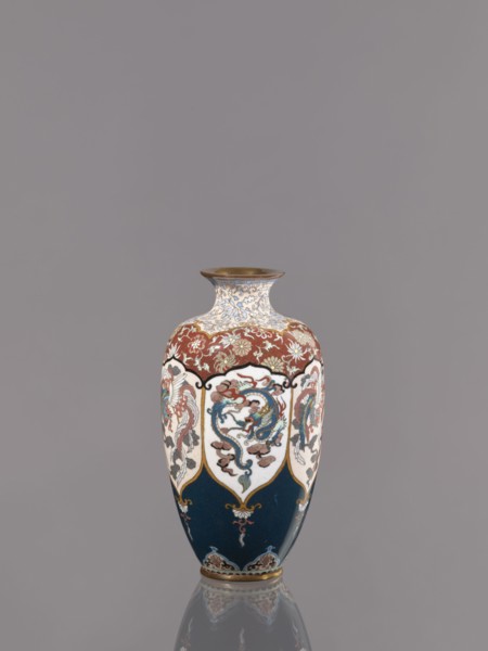 Vase by, Meiji period ca. 1890–1900, Kyoto, Japan. Cloisonné enamel vessel on a small ring-shaped