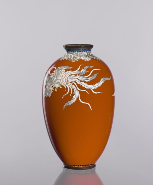 Vase, cloisonné enamel, phoenixes and plant ornaments, dark brick-red background of decoration, ca.