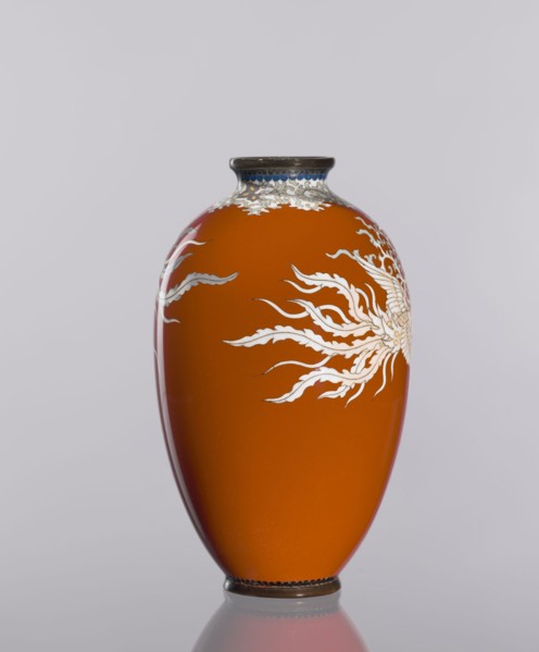 Vase, cloisonné enamel, phoenixes and plant ornaments, dark brick-red background of decoration,