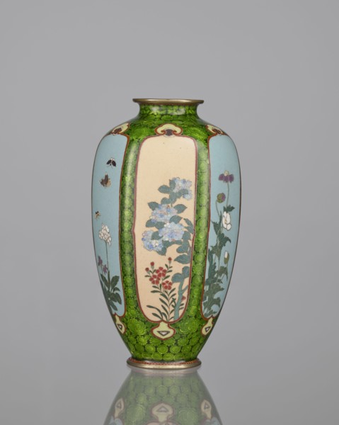 Vase, cloisonné enamel, floral pattern with butterflies and dense green floral rosettes in reserved