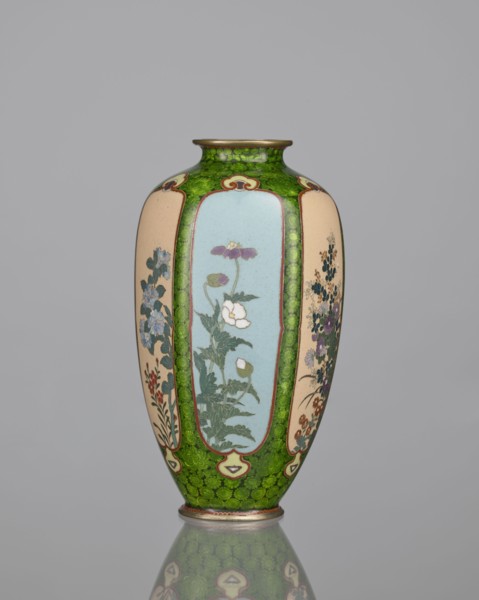 Vase, cloisonné enamel, floral pattern with butterflies and plant ornaments; Meiji period