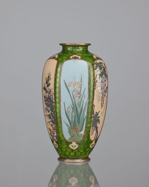 Vase, cloisonné enamel, floral pattern with butterflies and dense green floral rosettes in reserved