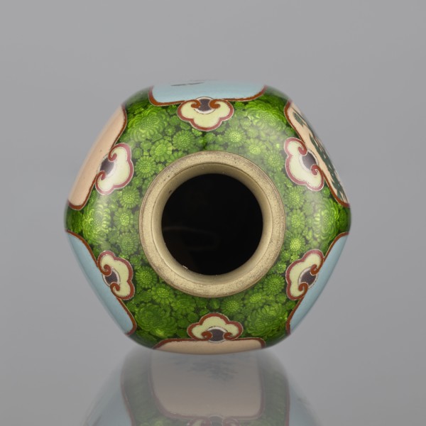 Vase, cloisonné enamel, floral pattern with butterflies and dense green floral rosettes in