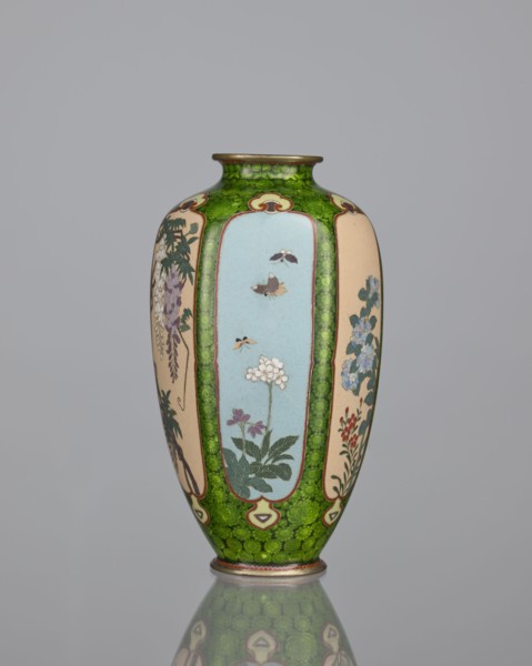 Vase, cloisonné enamel, floral pattern with butterflies and dense green floral rosettes in