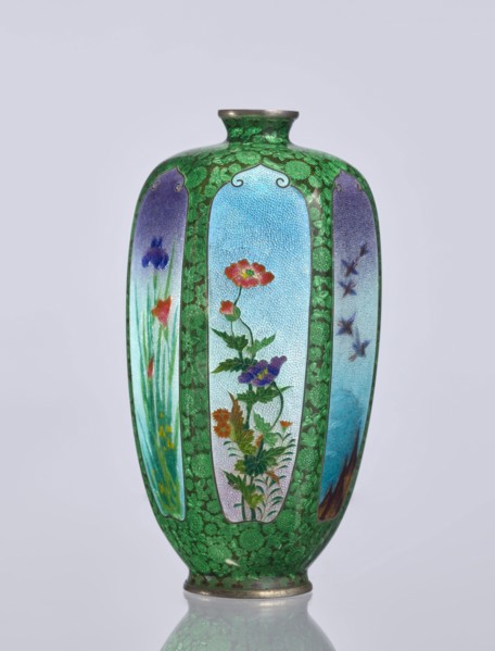 Vase, Elongated hexagonal cloisonné vase with a narrow spout. Decoration: small, densely spaced
